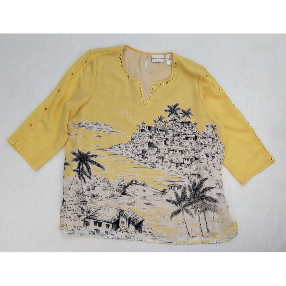 Alfred Dunner Women's Top Size 16 Yellow Island Travel 3/4 Sleeve Blouse